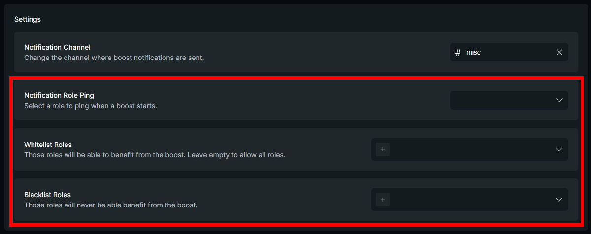 Server boost management settings