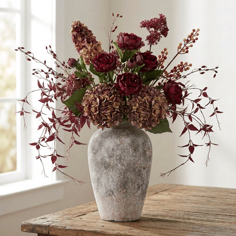 Red autumnal artificial floral arrangement with hydrangeas, peonies and berriesray arranged with autumn artificial flowers in a stone vase
