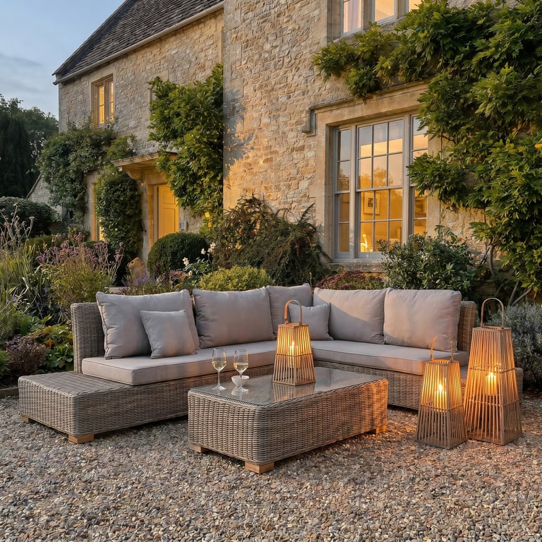A large 88cm natural wicker silo lantern standing on a paved patio beside a rattan sofa with linen cushions, surrounded by potted olive trees and soft evening candlelight glowing through the open weave. Wide shot, warm amber tones, sophisticated outdoor living mood.