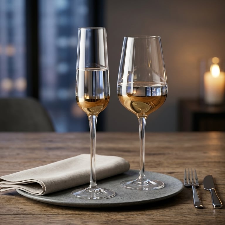 Two gold-dipped champagne flutes and a gold-dipped wine glass grouped on a formally set dinner table, catching warm candlelight, with soft bokeh of a styled table in the background. Intimate, celebratory mood.