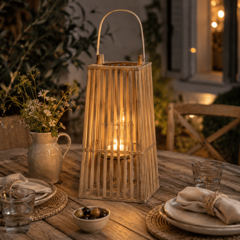 Close-up of a small natural wicker silo lantern placed at the centre of a wooden garden table set for two, with linen napkins, a small jug of wildflowers, and soft candlelight glowing through the wicker slats at dusk. Warm golden tones, relaxed summer evening mood.
