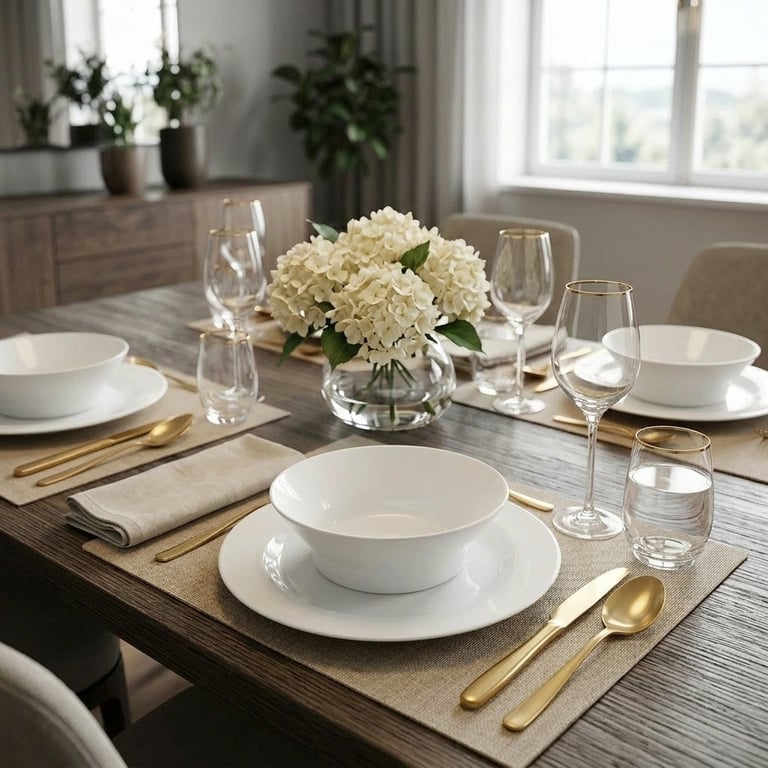 A neatly stacked set of white porcelain dinner plates and medium plates on a wooden sideboard, styled with a single gold cutlery set laid alongside, soft natural window light, calm and elegant mood.