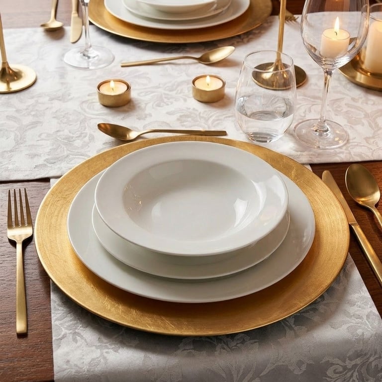 An overhead flat-lay of a single formal place setting on a dark linen tablecloth: a gold charger plate layered with a white porcelain dinner plate, folded white napkin, and soft candlelight in the background. Warm evening light, rich and intimate mood.