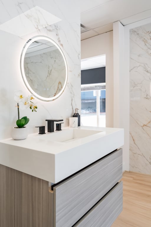 Bathroom with large-format porcelain slab walls and a soaking tub
