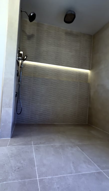 Curbless walk-in shower with large-format tile in a remodeled bathroom