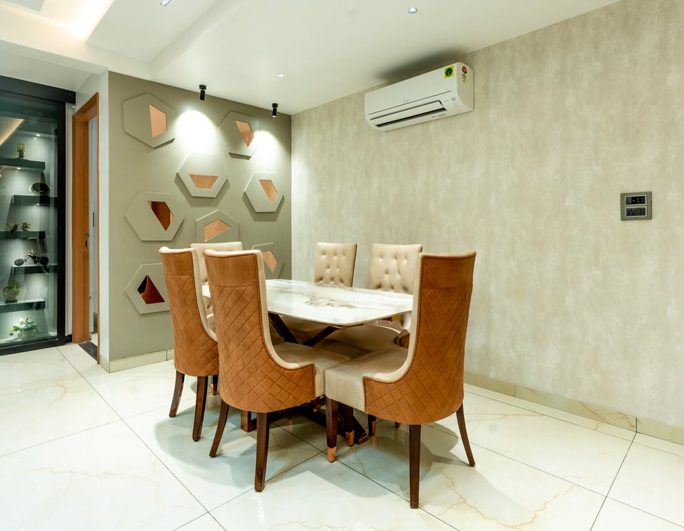 Second bedroom with grey curtains and vanity