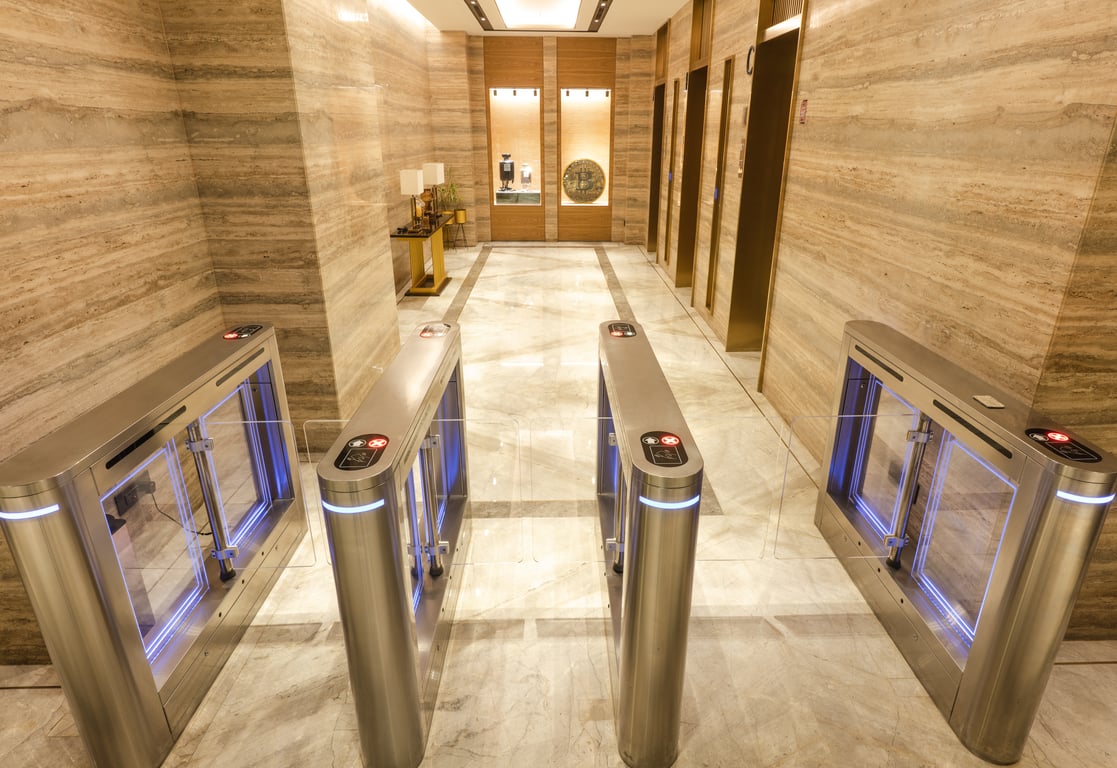 Turnstile entry corridor in a commercial lobby