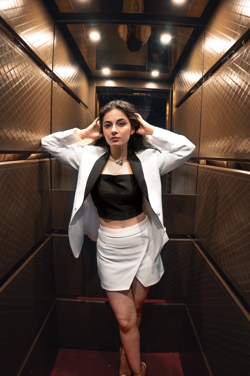 Editorial dress movement on a pale set
