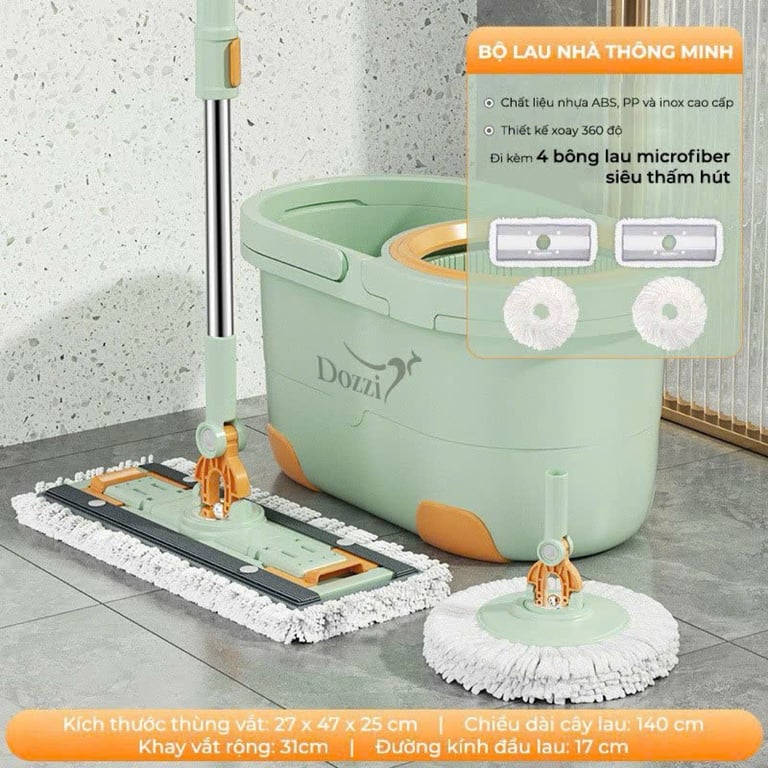 DZA336 - Bộ cây lau nhà thông minh 360 độ Dozzi kèm 4 bông lau