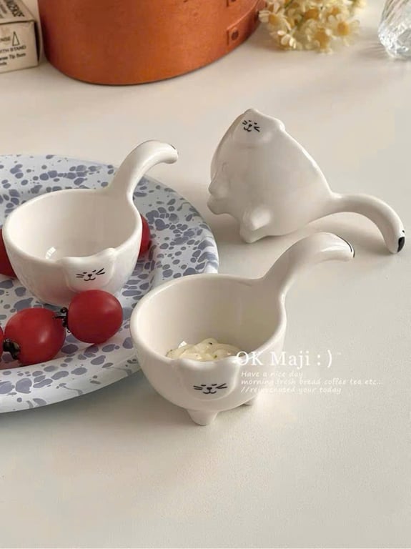 Đĩa đựng nước chấm, đĩa sứ đựng xốt, đĩa chấm mèo meo meo sâu lòng