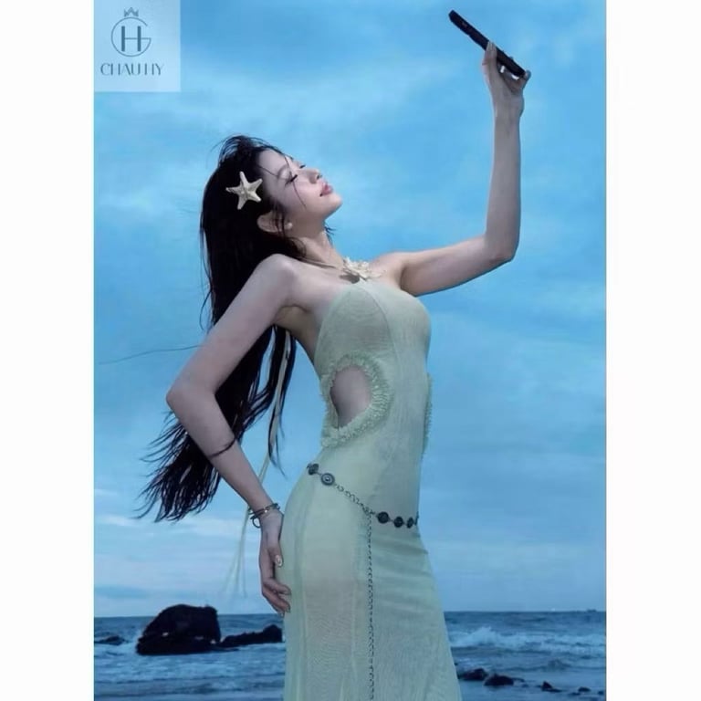 Đầm cổ yếm đuôi cá hồng, xanh