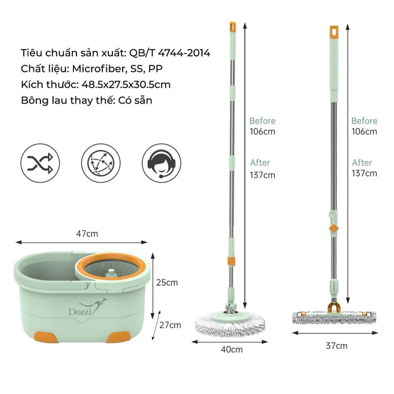 DZA336 - Bộ cây lau nhà thông minh 360 độ Dozzi kèm 4 bông lau