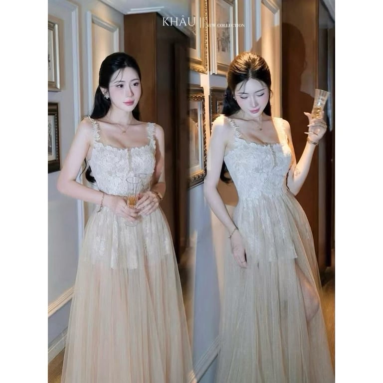 Tiệc 2 dây nâu viền hoa