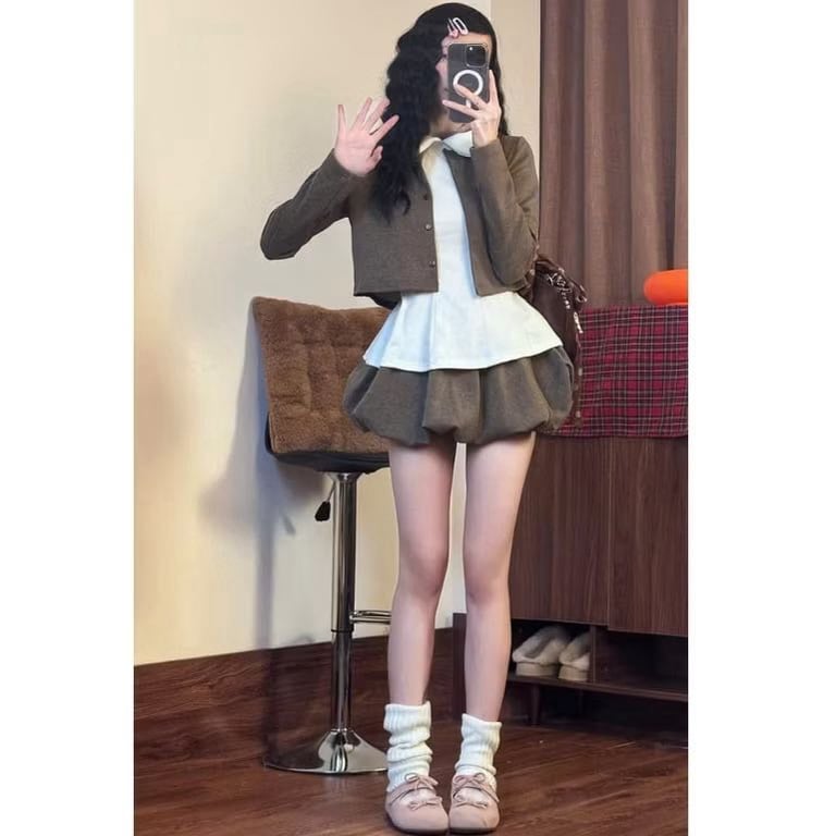 Set 3 Áo Cadigan Mix Áo Sơ Mi Cổ Sen Phối Chân Váy Bí