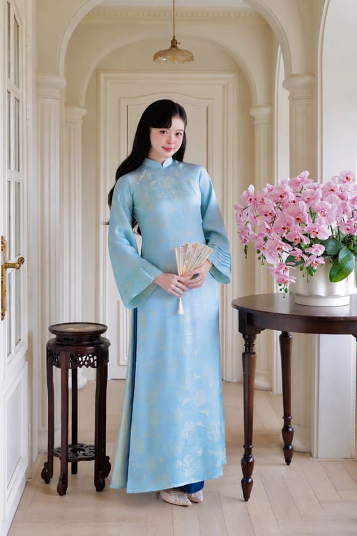 AD lụa tằm xanh biển tay xếp ly (S->XXL)