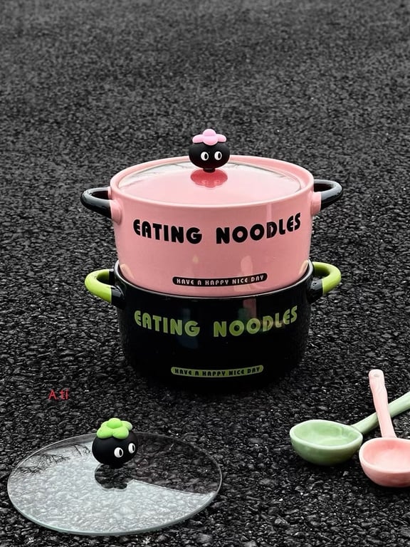 SET NỒI SỨ KÈM THÌA SỨ CÓ NẮP HÌNH QUẢ MĂNG CỤT ĐÁNG YÊU