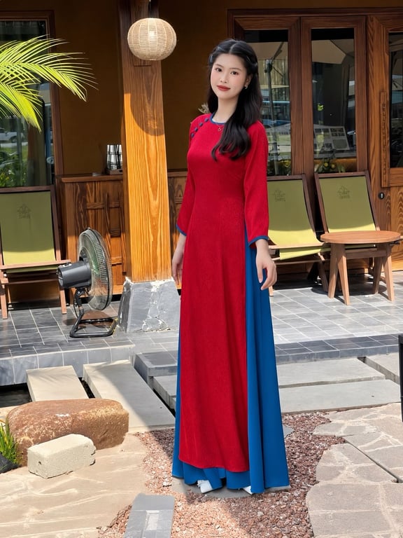 AD gấm đỏ cổ tròn viền xanh (S->XXXL)