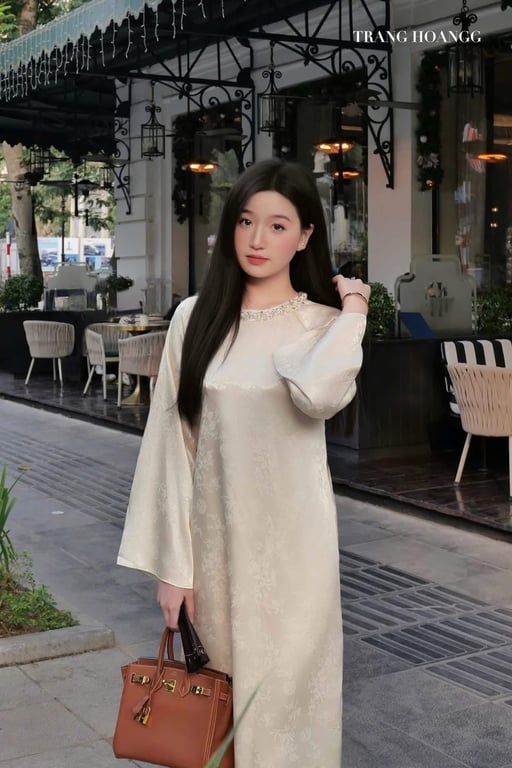 Áo dài lụa cổ đá 3 màu xanh, kem, hồng