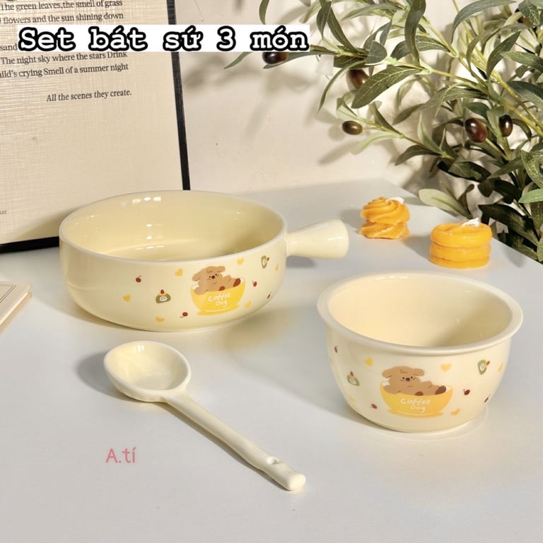 SET BÁT SỨ 3 MÓN HOẠ TIẾT CHÓ BÔNG XÙ ĐÁNG YÊU