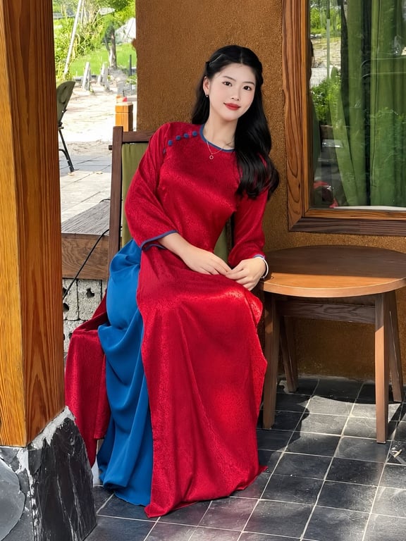 AD gấm đỏ cổ tròn viền xanh (S->XXXL)