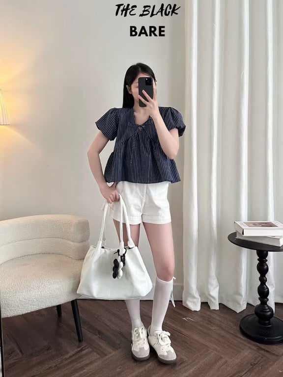 Áo Babydoll Tay Phồng Cổ Tim Linen Cao Cấp Sọc/Caro