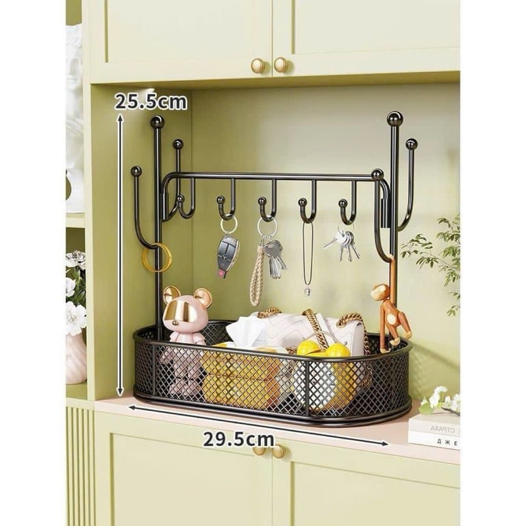 Kệ Inox 2 Tầng Có Thanh Cheo Kèm 5 Móc Tiện Lợi