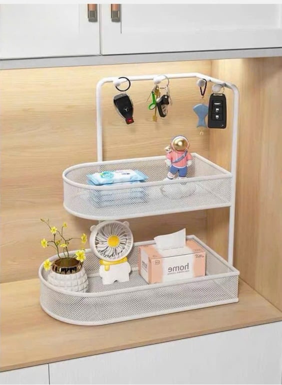Kệ Inox 2 Tầng Có Thanh Cheo Kèm 5 Móc Tiện Lợi , Có Khay Mắt Cáo Đựng Đồ Đa Năng 📌