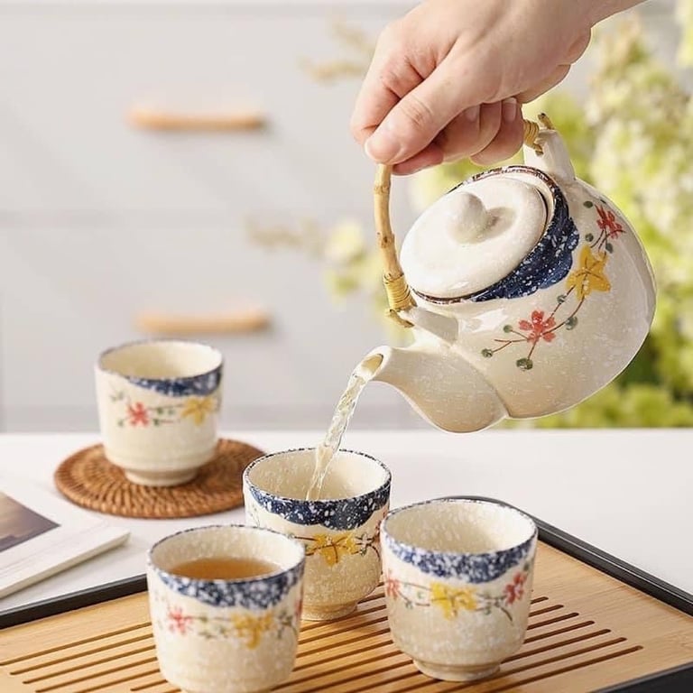 Bộ Ấm Trà 6 Cốc Họa Tiết Hoa Văn Cổ Điển