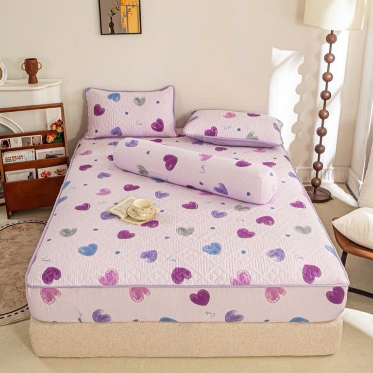 Set Chăn ga gối trần bông micro mềm mại, êm ái, hoạ tiết trái tim