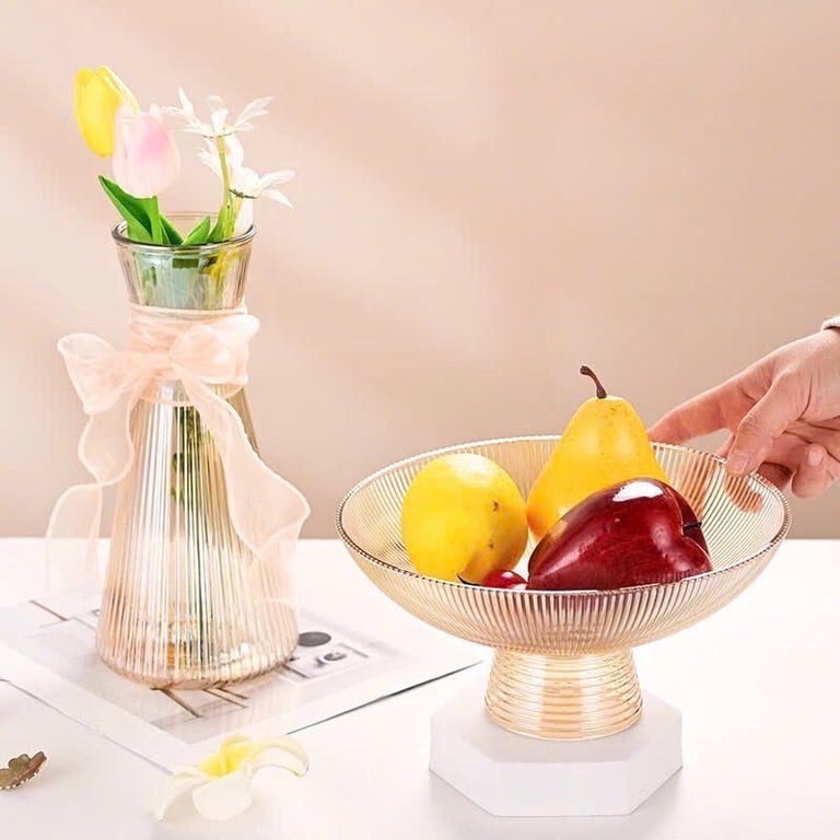 SET LỌ HOA + KHAY TRÁI CÂY THỦY TINH ĐẾ CAO ÁNH VÀNG HỔ PHÁCH