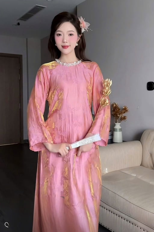 Áo dài tằm hồng cổ kết