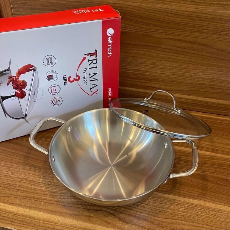 CHẢO XÀO INOX CAO CẤP 3 LỚP ĐÁY LIỀN VUNG KÍNH ELMICH TRIMAX