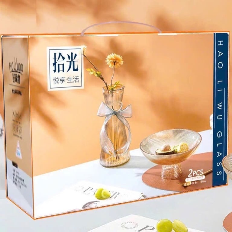 SET LỌ HOA + KHAY TRÁI CÂY THỦY TINH ĐẾ CAO ÁNH VÀNG HỔ PHÁCH