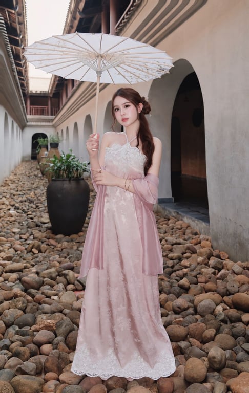 AD yếm lụa viền ren hồng kèm khăn S/M