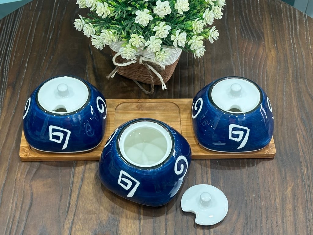 🍯🍯🍯 SET 3 HŨ ĐỰNG GIA VỊ, HŨ ĐỰNG MỠ KÈM KHAY GỖ 330ML