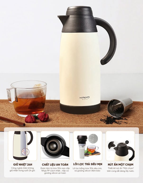 Bình giữ nhiệt có kèm lõi lọc trà inox  Kaiyo 1100ml