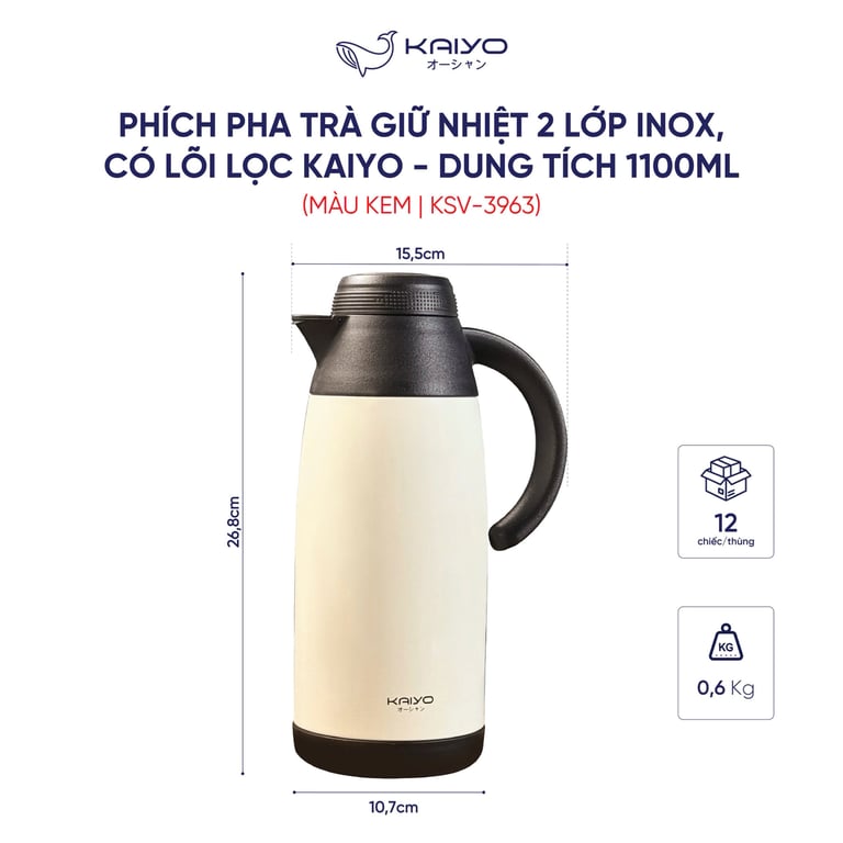 Bình giữ nhiệt có kèm lõi lọc trà inox  Kaiyo 1100ml