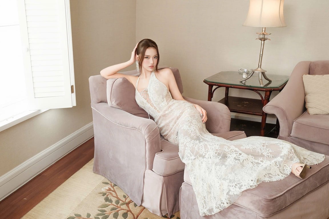 Đầm yếm ren hoa đan ngực brand OBIBI