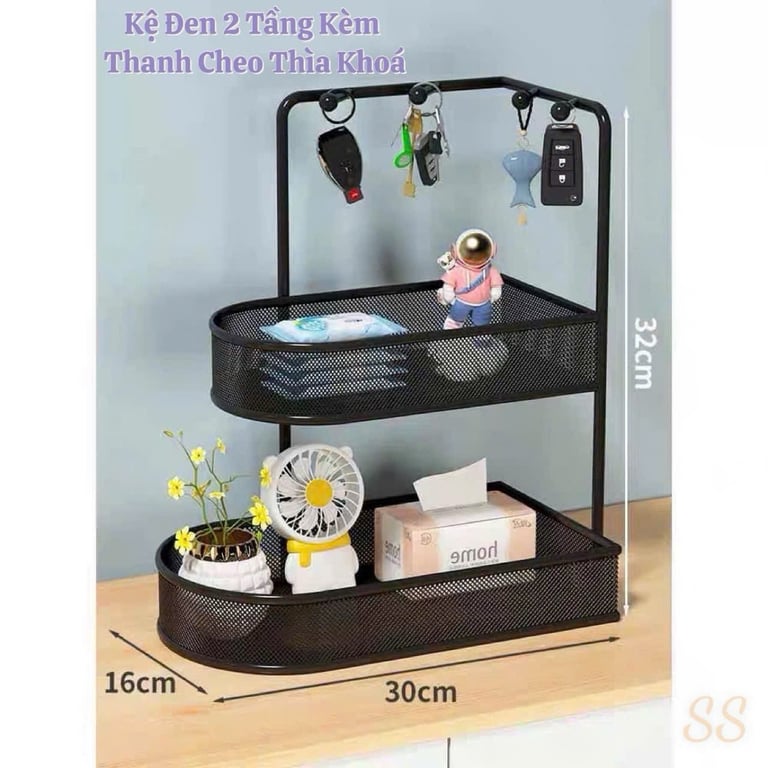 Kệ Inox 2 Tầng Có Thanh Cheo Kèm 5 Móc Tiện Lợi , Có Khay Mắt Cáo Đựng Đồ Đa Năng 📌