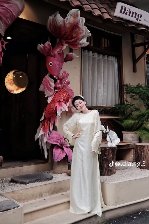 Áo dài be viền xanh lá cổ tròn quần xanh