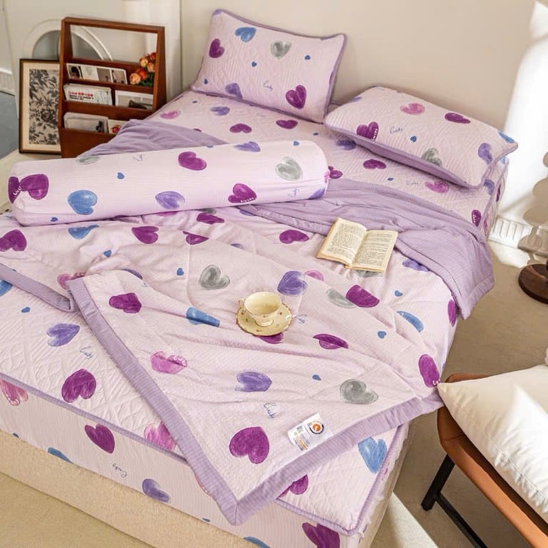 Set Chăn ga gối trần bông micro mềm mại, êm ái, hoạ tiết trái tim