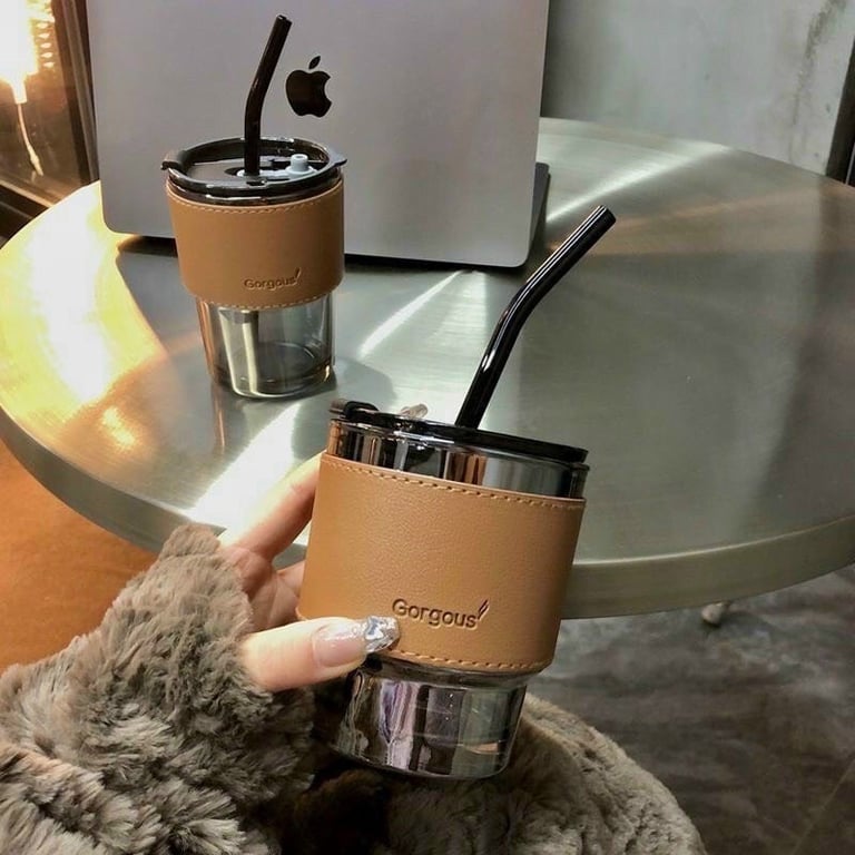 Set 2 Cốc Thủy Tinh 450ML Bọc Da Cao Cấp Tặng Kèm Ống Hút