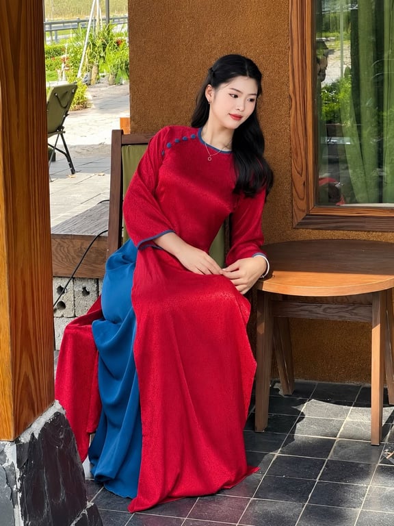 AD gấm đỏ cổ tròn viền xanh (S->XXXL)