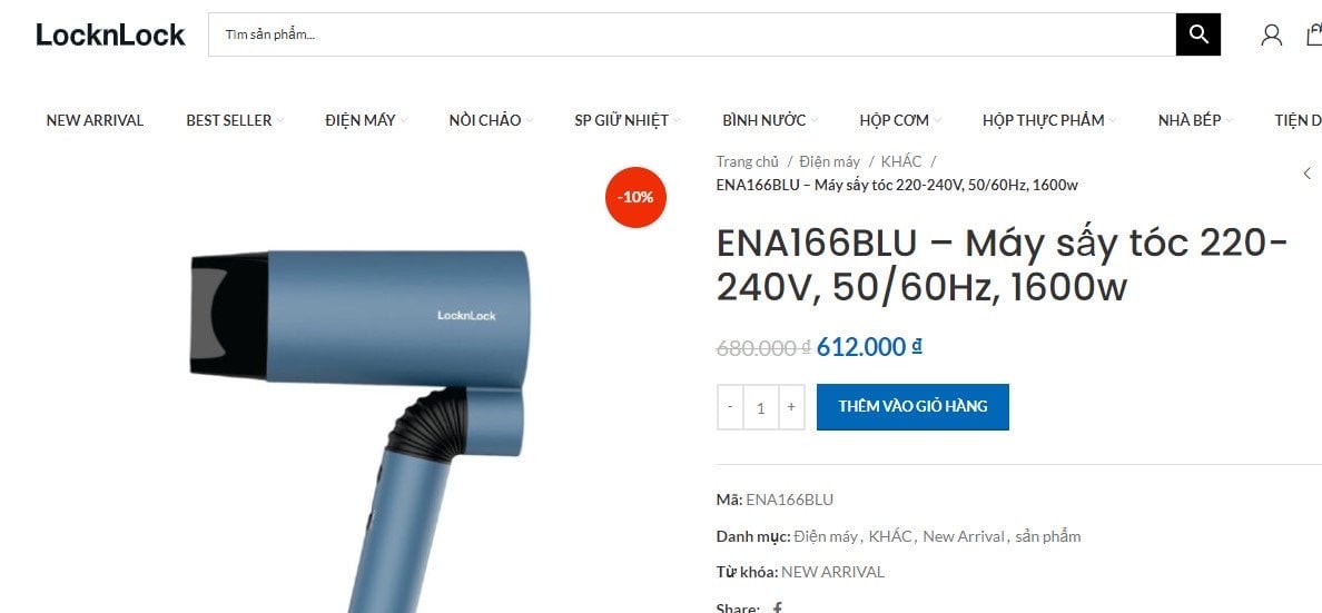 Máy sấy tóc Locknlock Hair dryer ENA166BLU