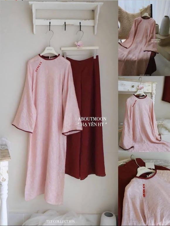Áo dài nhũ hồng viền đỏ - freesize