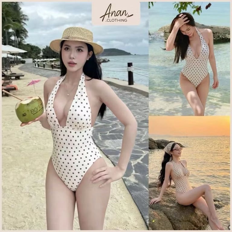 Bikini Liền Thân Chấm Bi Cổ Yếm Hở Lưng