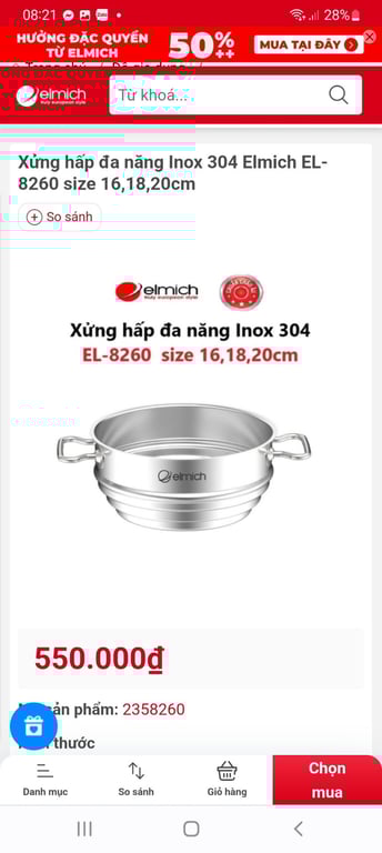 Xửng hấp ELMICH  3 nấc inox 304 20cm