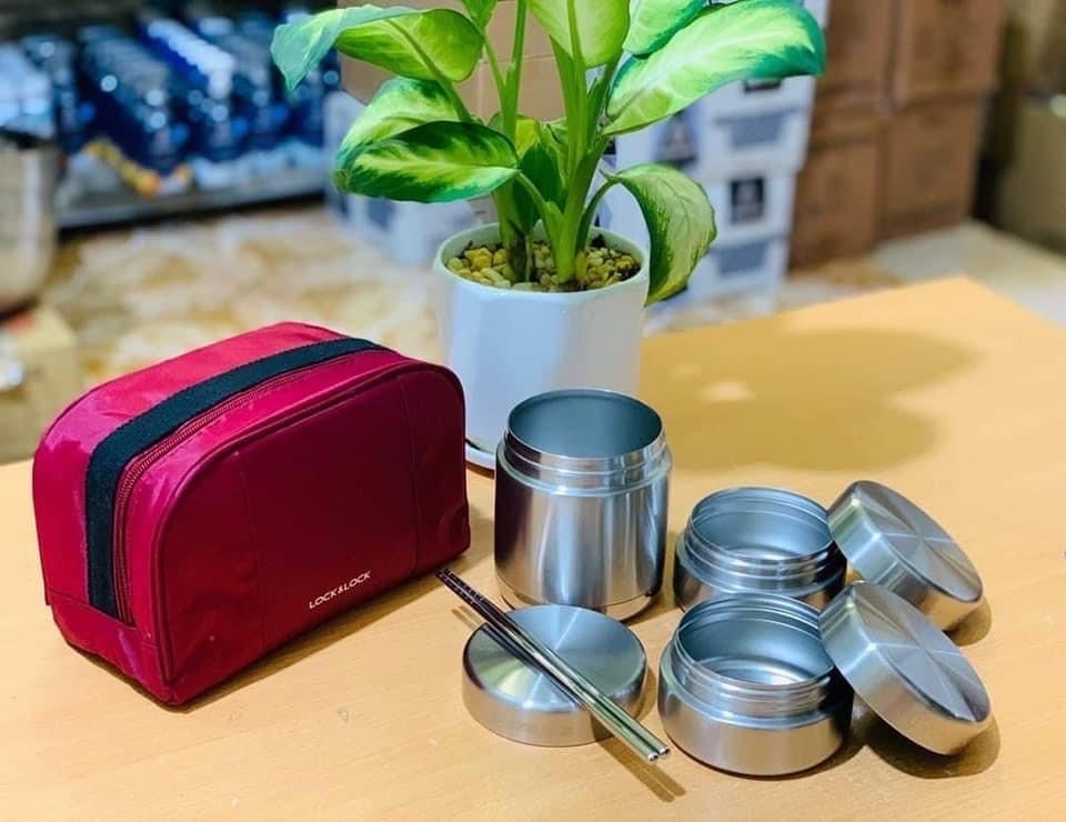 hộp cơm giữ nhiệt inox 304 kèm đũa và túi giữ nhiệt Lock&Lock LHC8015