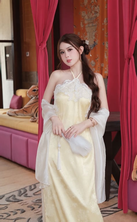 AD yếm lụa viền ren vàng kèm khăn S/M