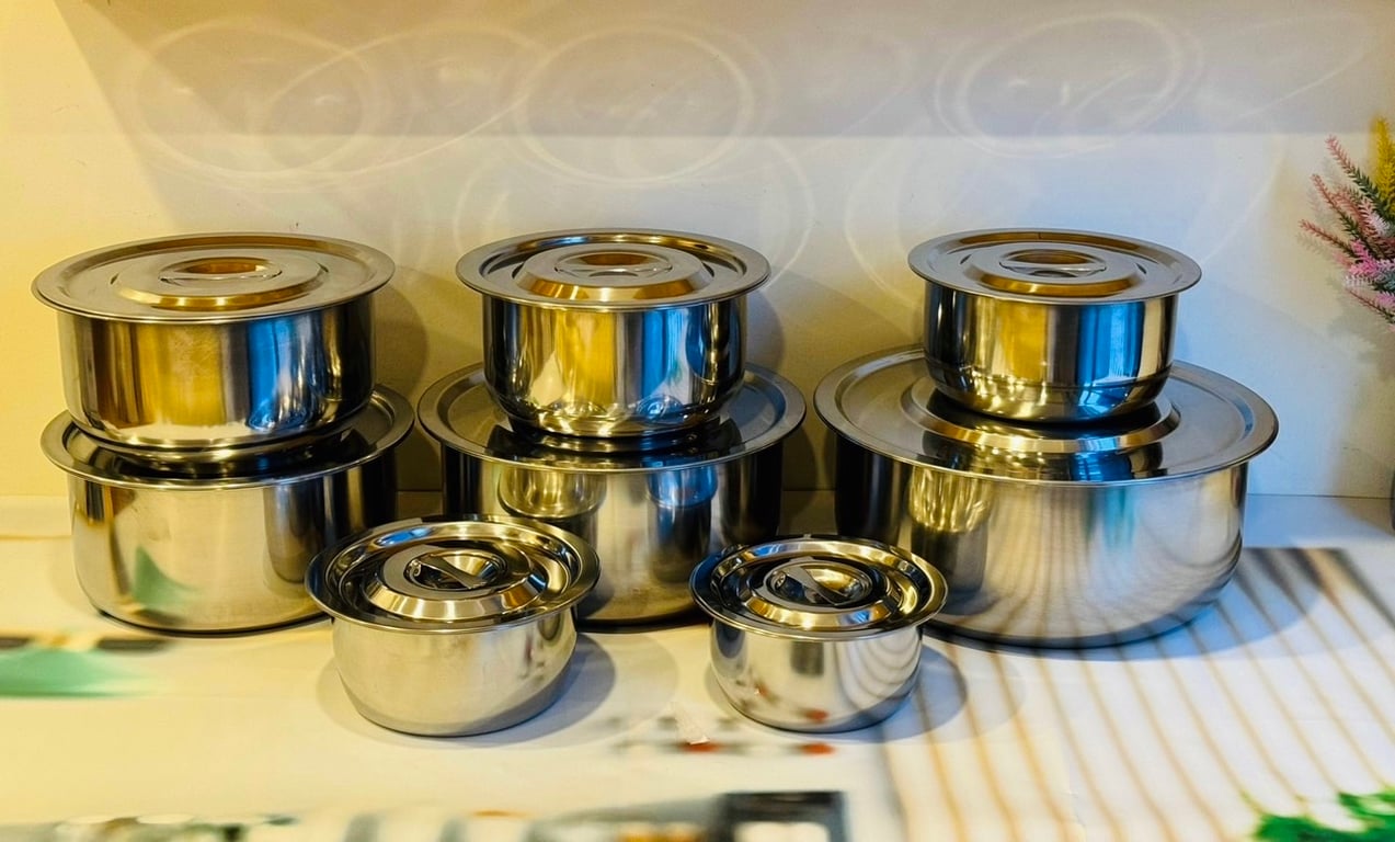 SET 8 TÔ INOX CÓ NẮP, ĐÁY TỪ DÙNG LÀM NỒI NẤU